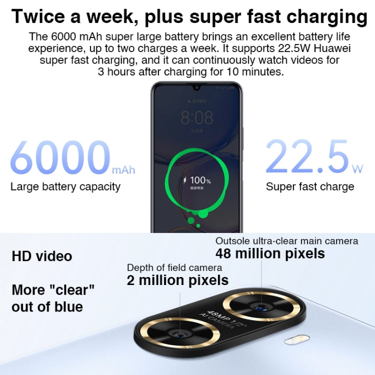 Dual Back Cameras, Face ID & Side Fingerprint Identification, 6000mAh Battery, 6.75 inch HarmonyOS 3.0 Octa Core, Network: 4G, OTG, Not Support Google Play, 128GB